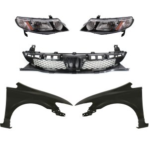 Headlight Kit for 2009-2011 Honda Civic, Right (Passenger) and Left (Driver), Lens and Housing, Halogen, 5-Piece with Fenders and Grille Assembly Replacement