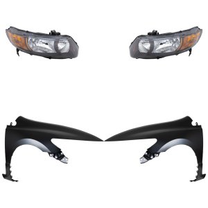 Headlight Lens and Housing Kit for 2006-2008 Honda Civic, Right (Passenger) and Left (Driver), Halogen, 4-Piece Kit with Fenders, Replacement