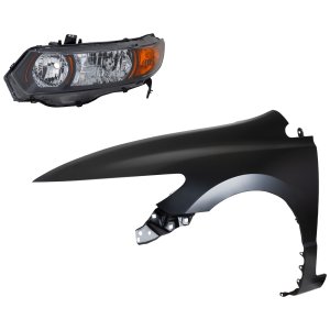 Headlight Kit for 2006-2008 Honda Civic, Left (Driver), Lens and Housing, Halogen, 2-Piece with Fender, Replacement