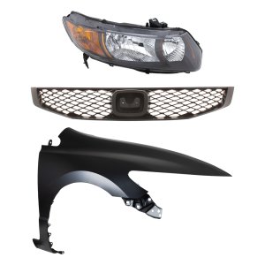 Headlight Kit for 2009 Honda Civic, Right (Passenger) with Lens and Housing, Halogen, 3-Piece, includes Fender and Grille, Replacement