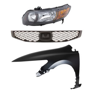 Headlight Kit for 2009 Honda Civic, Left (Driver) Side with Lens and Housing, Halogen, 3-Piece Set, Includes Fender and Grille, Replacement