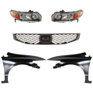 Headlight Lens and Housing Kit for 2009 Honda Civic, Right (Passenger) and Left (Driver) Side, Halogen, 5-Piece with Fenders and Grille, Replacement