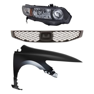 Headlight Kit for 2010-2011 Honda Civic, Right (Passenger) Side, Lens and Housing, Halogen, 3-Piece, with Fender and Grille, Replacement