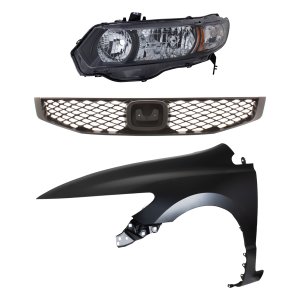 Headlight for 2010-2011 Honda Civic Left (Driver) Side, Lens and Housing, Halogen, 3-Piece Kit with Fender and Grille, Replacement