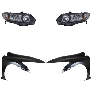 Headlight Kit for Honda Civic 2010-2011, Right (Passenger) and Left (Driver) Lens and Housing, Halogen, 4-Piece Kit with Fenders, Replacement
