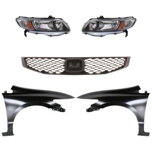 Headlight Kit for Honda Civic 2010-2011: Right (Passenger) and Left (Driver) with Lens and Housing, Halogen, 5-Piece set including Fenders and Grille, Replacement
