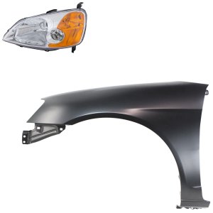 Headlight Kit for Honda Civic 2001-2003, Left (Driver) Side, Lens and Housing, Halogen, 2-Piece Set, with Fender - Replacement