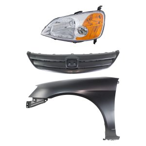Headlight Kit for 2001-2003 Honda Civic, Left (Driver) Side, Lens and Housing, Halogen Light, 3-Piece with Fender and Grille, Replacement