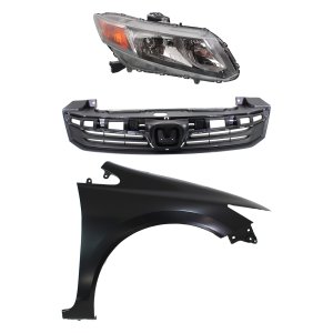 Headlight Assembly Kit for 2012-2012 Honda Civic, Right (Passenger) Side, Halogen, 3-Piece Kit with Fender and Grille, Replacement