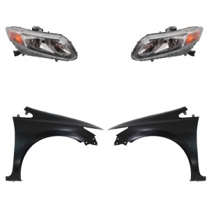 Headlight Assembly Kit for 2012 - 2012 Honda Civic, Right (Passenger) and Left (Driver), Halogen, 4-Piece Set, with Fenders, Replacement