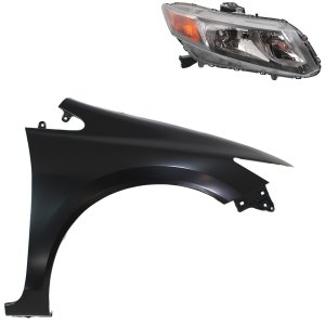Headlight Assembly Kit for 2012-2012 Honda Civic, Right (Passenger) Side, Halogen, 2-Piece Kit, Includes Replacement Fender