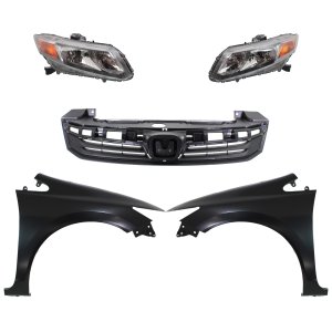 Headlight Assembly Kit for 2012-2012 Honda Civic, Includes Right (Passenger) and Left (Driver) Halogen Lights, 5-Piece Set with Fenders and Grille, Replacement