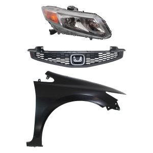 Headlight Assembly Kit for 2012-2012 Honda Civic, Right (Passenger) Side, Halogen, 3-Piece with Fender and Grille, Replacement