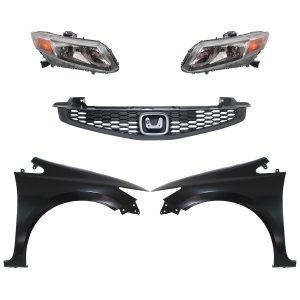 Headlight Assembly Kit for Honda Civic 2012-2012, Left (Driver) and Right (Passenger), Halogen, 5-Piece Kit includes Fenders and Grille - Replacement