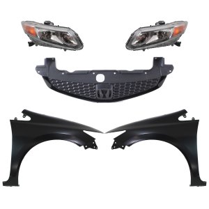 Headlight Assembly Kit for 2012-2012 Honda Civic, Right (Passenger) and Left (Driver) Side, Halogen, 5-Piece Set with Fenders and Grille, Replacement