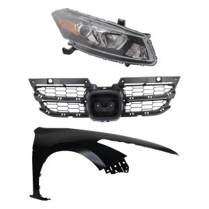 Headlight Assembly Kit for HONDA ACCORD 2011-2012, Right (Passenger) Side, Halogen, 3-Piece with Fender and Grille Assembly, Replacement