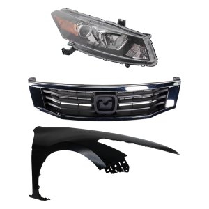 Headlight Assembly Kit for 2008-2010 Honda Accord, Right (Passenger) Side, 3-Piece with Halogen, Fender and Grille Assembly, Replacement