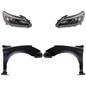 Headlight Assembly for 2013-2015 Honda Accord, Right (Passenger) and Left (Driver), 4-Piece Kit with Halogen and Fenders, Replacement