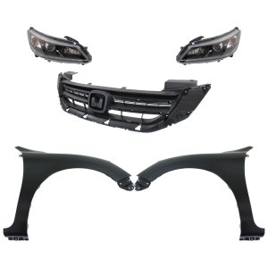 Headlight Assembly Kit for Honda Accord 2013-2015, Right (Passenger) and Left (Driver), Halogen, 5-Piece Set, Includes Fenders and Grille, Replacement