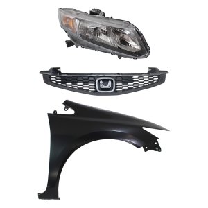 Headlight Assembly Kit for 2013-2013 Honda Civic, Right (Passenger) Side, Halogen, 3-Piece Set with Fender and Grille, Replacement