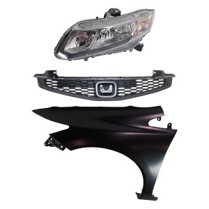 Headlight Assembly Kit for 2013-2013 Honda Civic, Left (Driver) Side, Halogen, 3-Piece with Fender and Grille, Replacement