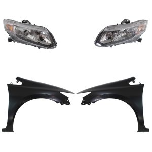Headlight Assembly Kit for 2013-2015 Honda Civic, Right (Passenger) and Left (Driver), Halogen, 4-Piece Kit with Fenders, Replacement