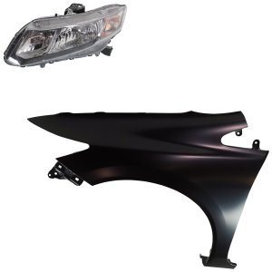 Headlight Assembly Kit for 2013-2013 Honda Civic, Left (Driver), Halogen, 2-Piece with Fender, Replacement