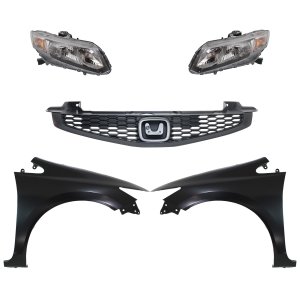 Headlight Assembly for 2013-2013 Honda Civic, Right (Passenger) and Left (Driver), Halogen, 5-Piece Kit with Fenders and Grille, Replacement