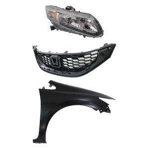 Headlight Assembly for 2013-2015 Honda Civic Right (Passenger) Side, 3-Piece Kit with Fender and Grille, Halogen Replacement