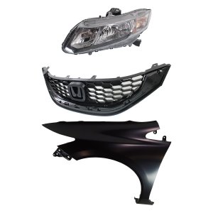Headlight Assembly Kit for Honda Civic 2013-2015, Left (Driver), Halogen, 3-Piece Set with Fender and Grille, Replacement