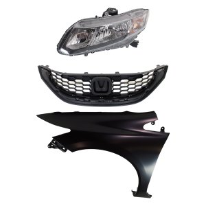 Headlight Assembly Kit for 2013-2015 Honda Civic, Left (Driver) Side, Halogen, 3-Piece Set with Fender and Grille, Replacement