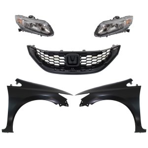 Headlight Assembly for 2013-2015 Honda Civic, Right (Passenger) and Left (Driver), Halogen, 5-Piece Kit, Complete with Fenders and Grille, Replacement
