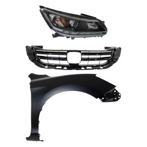Headlight Assembly for 2013-2015 Honda Accord, Right (Passenger) Side, Halogen, 3-Piece Kit with Fender and Grille Assembly, Replacement