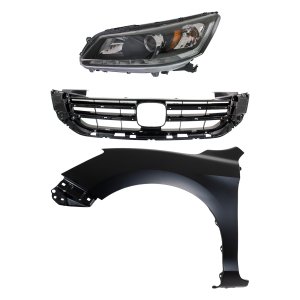Headlight Assembly Kit for 2013-2015 Honda Accord, Left (Driver) Side, Halogen, 3-Piece with Fender and Grille Assembly, Replacement