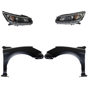 Headlight Assembly Kit for 2013-2015 Honda Accord, Right (Passenger) and Left (Driver), Halogen, 4-Piece with Fenders, Replacement