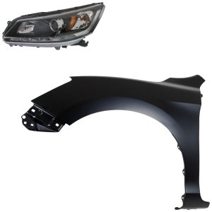 Headlight Assembly Kit for 2013-2015 Honda Accord, Left (Driver) Halogen Light, with Fender, 2-Piece Set, Replacement