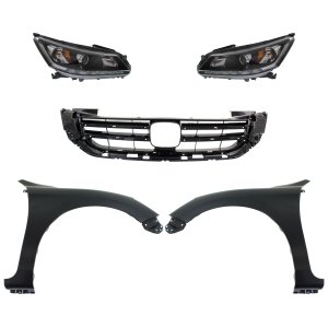 Headlight Assembly Kit for 2013-2015 Honda Accord, Right (Passenger) and Left (Driver) Halogen, 5-Piece with Fenders and Grille Assembly, Replacement
