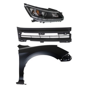 Headlight Assembly Kit for 2013-2015 Honda Accord, Right (Passenger) and Left (Driver), Halogen, 3-Piece with Fender and Grille Assembly, Replacement