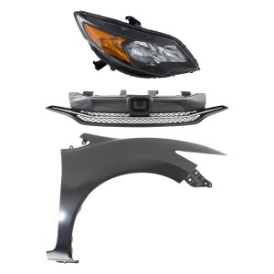 Front Fender Kit for 2014-2015 Honda Civic, Right (Passenger) Side, Primed (Ready to Paint), 3-Piece with Grille and Headlight, Replacement
