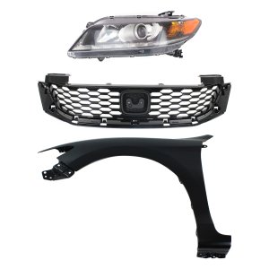 Front Fender Kit for 2013-2015 Honda Accord, Left (Driver), Primed (Ready to Paint), 3-Piece with Grille and Headlight, Replacement