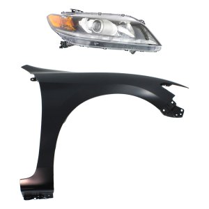 Front Fender for Honda Accord 2013-2015, Right (Passenger), Primed (Ready to Paint), 2-Piece Kit with Headlight, Replacement