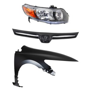 Headlight for 2006-2008 Honda Civic Right (Passenger) Side, Lens and Housing, Halogen, 3-Piece Kit, with Fender and Grille Assembly, Replacement
