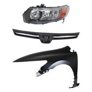 Headlight Kit for 2006-2008 Honda Civic, Left (Driver) Side, Lens and Housing, Halogen, 3-Piece Set, with Fender and Grille Assembly Replacement