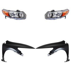 Headlight Kit for 2006-2008 Honda Civic, Right (Passenger) and Left (Driver), Lens and Housing, Halogen, 4-Piece with Fenders, Replacement