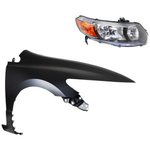 Headlight Kit for 2006-2008 Honda Civic, Right (Passenger) Side, Lens and Housing, Halogen, 2-Piece Kit, with Fender, Replacement
