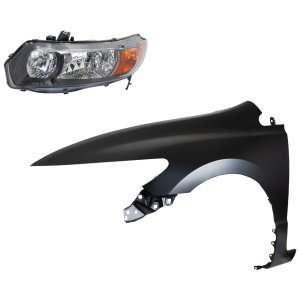 Headlight for 2006-2008 Honda Civic, Left (Driver) Side Lens and Housing, Halogen, 2-Piece Kit with Fender, Replacement