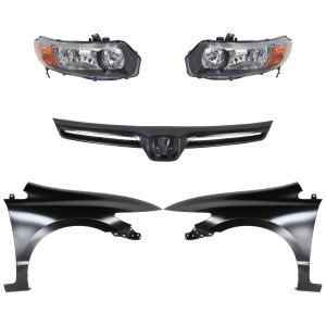 Headlight Kit for 2006-2008 Honda Civic with Right (Passenger) and Left (Driver) Lens and Housing, Halogen, 5-Piece Kit, includes Fenders and Grille Assembly Replacement.