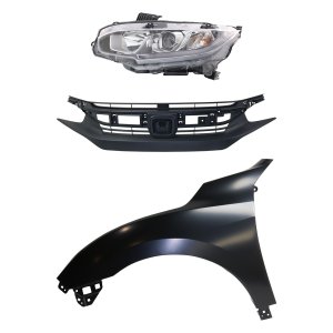 Headlight Assembly Kit for 2016-2018 Honda Civic, Left (Driver), Halogen, 3-Piece with Fender and Grille, Replacement