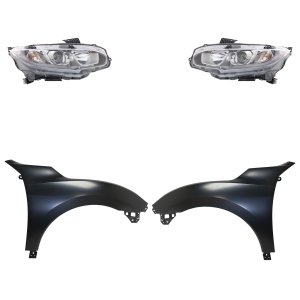 Headlight Assembly Kit for 2016-2018 Honda Civic, Right (Passenger) and Left (Driver), Halogen, 4-Piece Kit, with Fenders Replacement