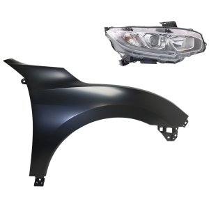 Headlight Assembly Kit for 2016-2018 Honda Civic, Right (Passenger) Side, Halogen Light, 2-Piece Kit with Fender, Replacement